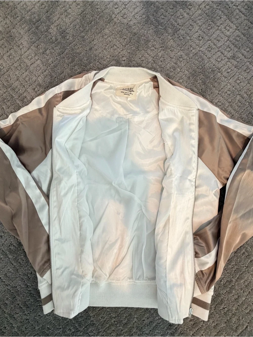 Classic Satin Bomber Jacket Beige Ivory Sz M Y2K Streetwear Festival Minimalist